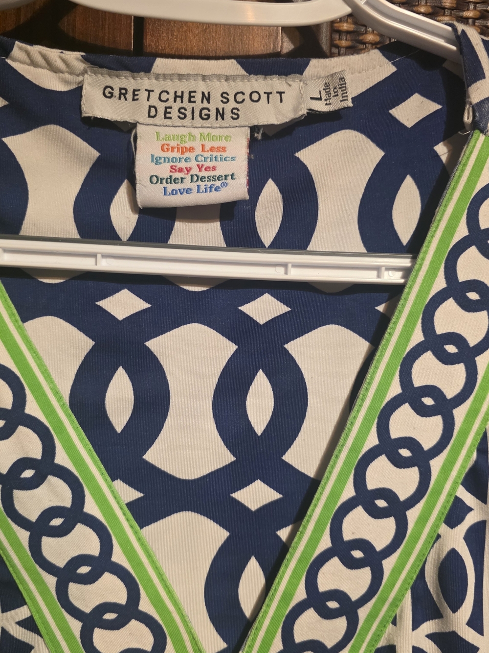 Gretchen Scott Designs Navy and Lime Geometric V‑Neck Dress VGUC LARGE PTP 21 - Picture 4 of 5